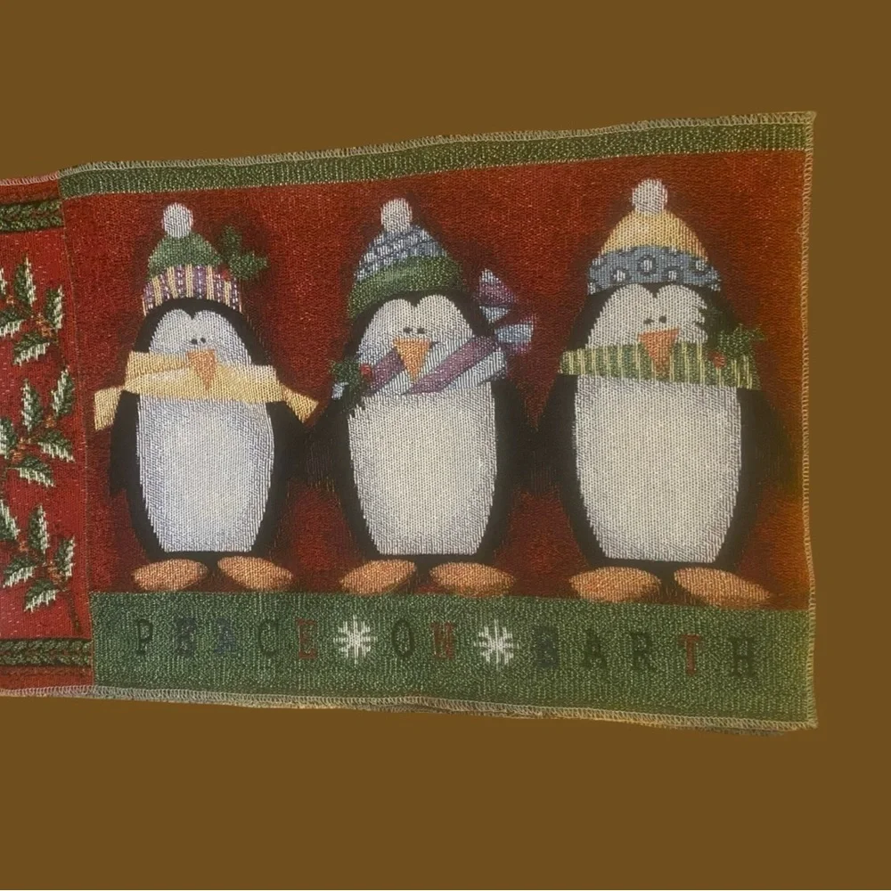 Festive Snowman Penguin Holiday Tapestry table runner